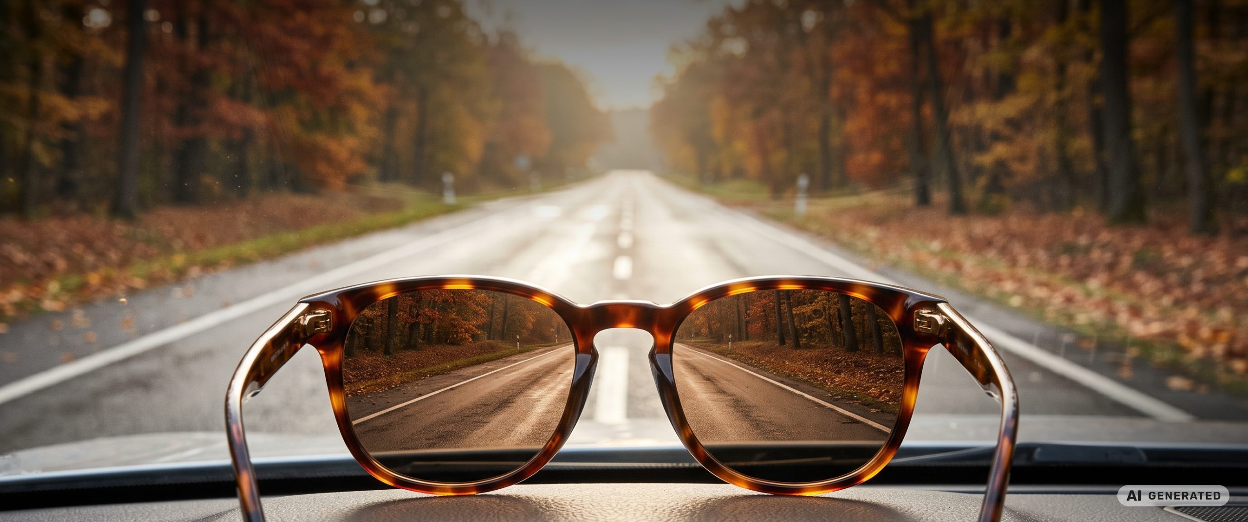 Sonnenbrille mit braunen POL-Gläsern auf dem Armaturenbrett, Blick durch die Gläser auf eine nasse Herbststraße ohne Spiegelungen (KI-generiertes Symbolbild)